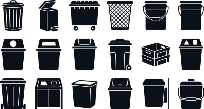 Garbage bin and trash can vector icon set featuring waste baskets, recycling containers, dumpsters, and disposal bucket symbols