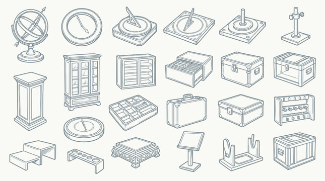 Collection of isometric line art icons depicting various antique, display, and measurement objects such as globes, sundials, cabinets, chests, and pedestals.