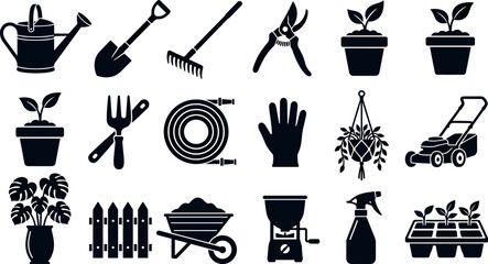 Gardening tools and backyard cultivation solid glyph icon set featuring lawn mower watering can shovel hose vector illustration © Prodip