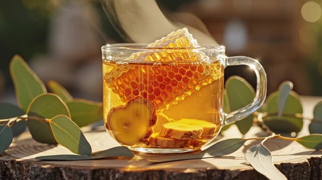 Steaming herbal tea with honeycomb and ginger on rustic wood