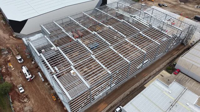 Aerial view of a warehouse construction steel framing