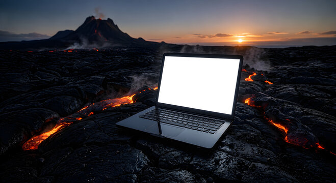 Modern laptop with a blank white mockup screen placed on a volcanic rock field with glowing molten lava near an active volcano during sunset.