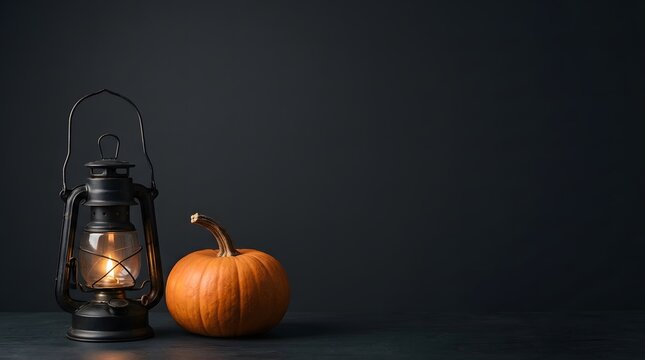 A vintage metal lantern glowing beside a fresh orange pumpkin on a dark rustic background for halloween