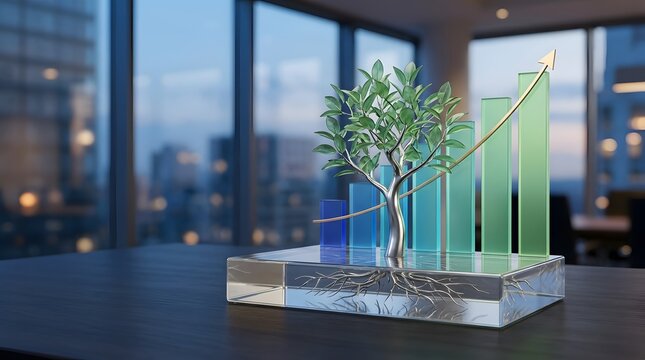 ESG green investment concept with growing tree and rising financial chart on office table