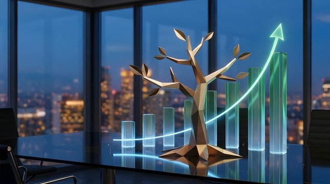 Sustainable business growth concept with golden tree and glowing upward chart in corporate office