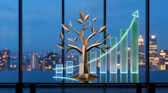 Green finance and sustainable growth concept with stylized tree and rising glass chart
