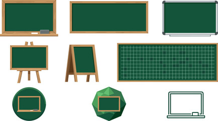 Green blackboard icon set school chalkboard wooden frame classroom education presentation menu board line abstract logo icon vector. © Prodip