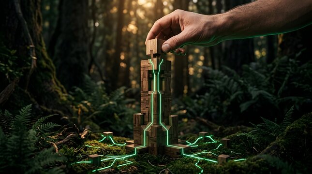Green technology synergy concept with hand connecting wooden blocks in lush forest