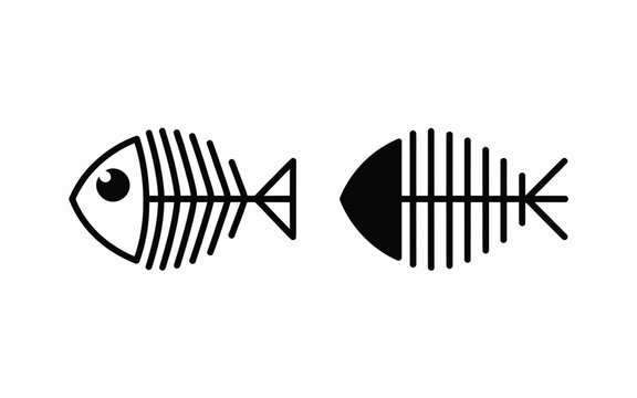 Fish bone vector icon set featuring fish skeleton silhouette and outline design minimalist seafood symbol isolated black graphic illustration