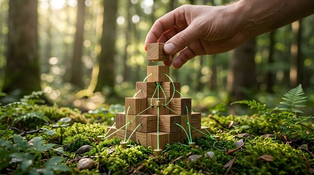Eco friendly integration concept with hand placing wooden block in forest environment