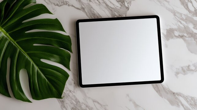 Blank digital tablet screen on a marble desk, slow pan right.