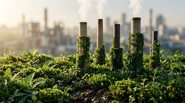 Industrial decarbonization concept with green vines growing on factory smokestacks, sustainable manufacturing
