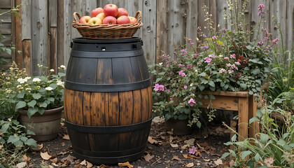 Obraz premium Wooden barrel with black metal bands placed outdoors on soil and fallen leaves, topped with woven basket filled with red and yellow apples surrounded by flowering plants and rustic wooden fence in 