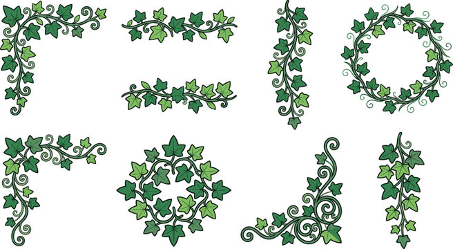 Green ivy vine borders and wreath vector elements collection featuring climbing plant leaf corner frame and garland illustrations