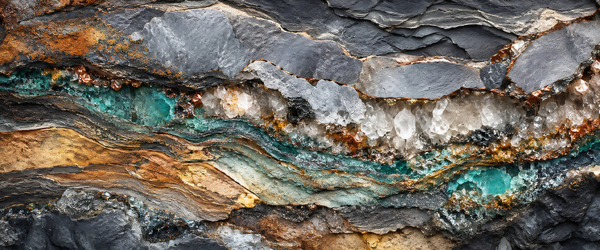 Rock formation with turquoise and quartz crystals detailed geological photo