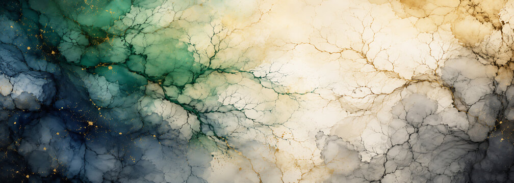 Watercolor marble texture with gold flecks and blue green hues