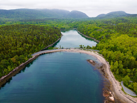 Aerial view of a road curve over the river, Acadia Park