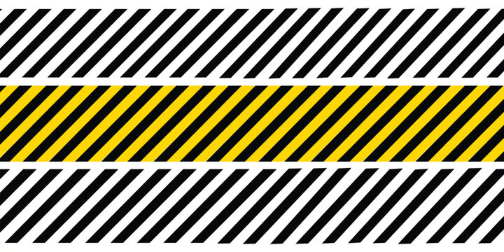 Black and yellow hazard warning stripes and black and white diagonal caution lines set for industrial safety and construction zone markings