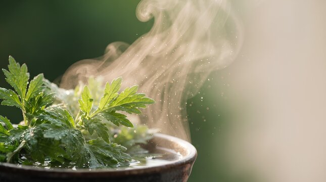 容器に盛られたボタニカルハーブと立ち上る温かい蒸気。和漢薬草ハーブ蒸しやアロマディープケアを想起させる美容グラフィック背景素材。