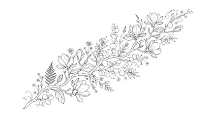 Elegant botanical line art branch, hand drawn floral magnolia and fern composition, minimalist black and white flower vector illustration for wedding stationery © Dream Time Studio
