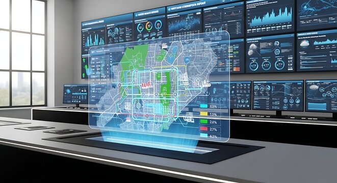 Futuristic Data Center Control Room Holographic Map Display