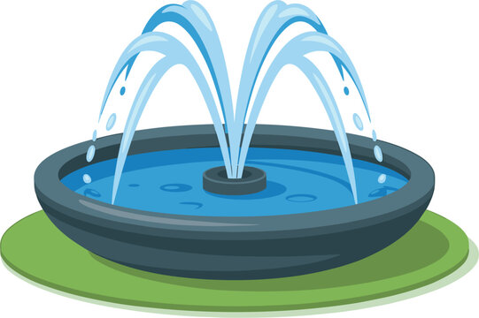 Cartoon water fountain park garden decoration vector illustration, outdoor stone basin splash drop clip art design