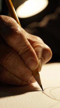 Close-up of an Artist's Hand Drawing a Detailed Sketch on Paper Under a Warm Desk Lamp Light