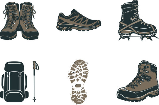 Hiking boots and outdoor adventure gear icon set with trail running shoes backpack crampons footprint vector illustration