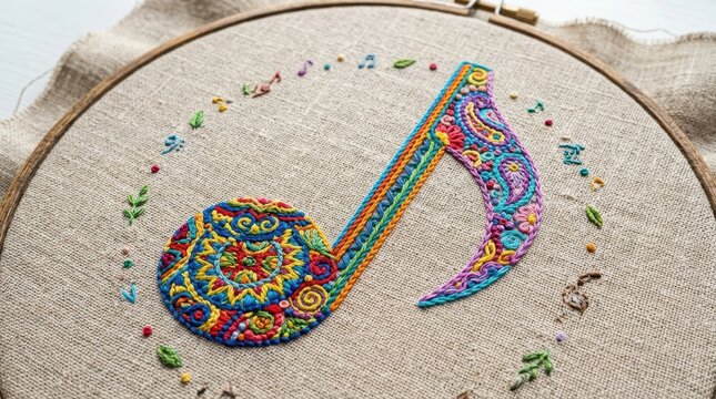 Embroidered Music Note Pattern With Colorful Thread Artistic Craft