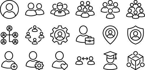 Naklejka premium Human resources and teamwork line icon set corporate business management user profile hierarchy community vector illustration template.