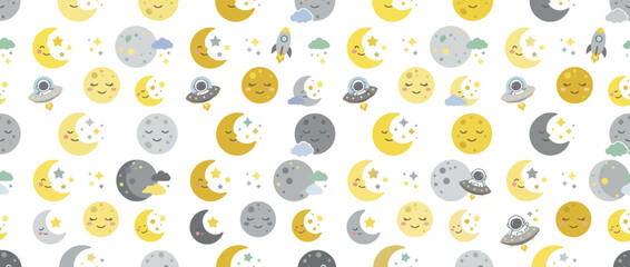 Cute Space Pattern: Smiling Moons, Planets, Rockets, UFOs, Astronauts, Stars © Pie