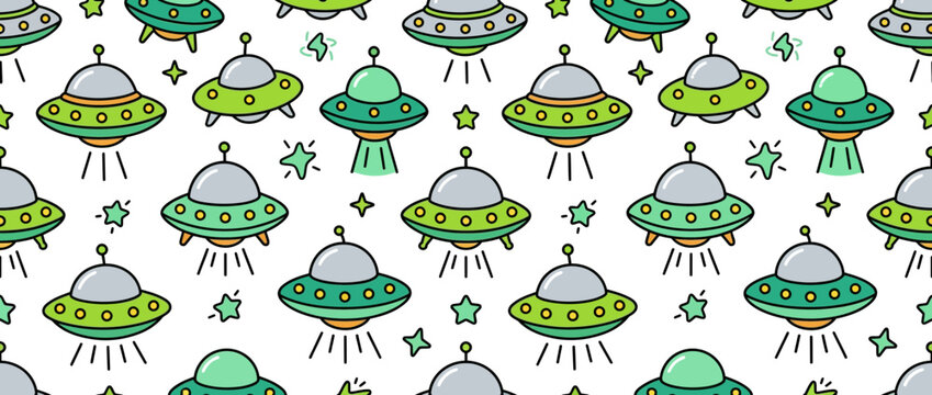 Cute cartoon UFO flying saucers seamless pattern with stars, alien spacecraft background