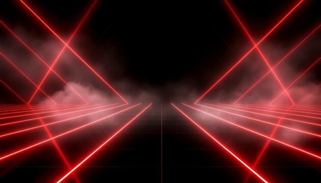 Grid of sharp intersecting red laser beams in fog