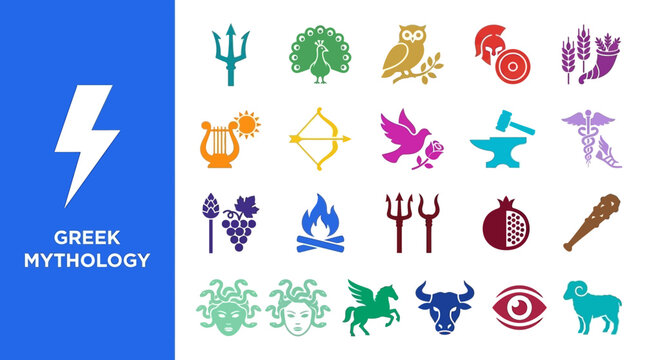 Greek mythology deity symbols and legendary creatures icon collection