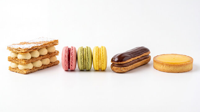 Traditional French desserts set with mille-feuille, colorful macarons, chocolate eclair, and lemon tartlet isolated on pure white background, premium pastry product photography.