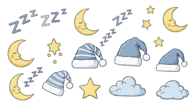 Cute Sleepy Moon Stars and Hats Illustration.