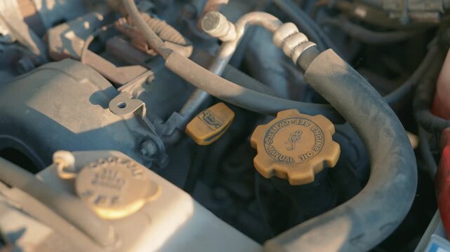 Close-Up of Car Engine Oil Cap Under Hood with Dipstick | Rotating Camera Shot of Vehicle Engine Bay Maintenance Parts | Automotive Service Detail