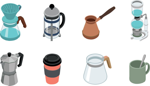 Isometric coffee brewing methods icon set vector illustration featuring pour over french press cezve moka pot siphon brewer decanter mug
