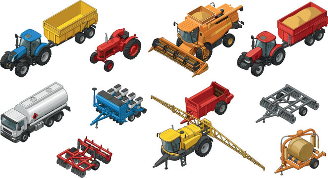 Isometric agricultural machinery and farming vehicles vector set featuring tractors combine harvester trailer field sprayer and hay baler