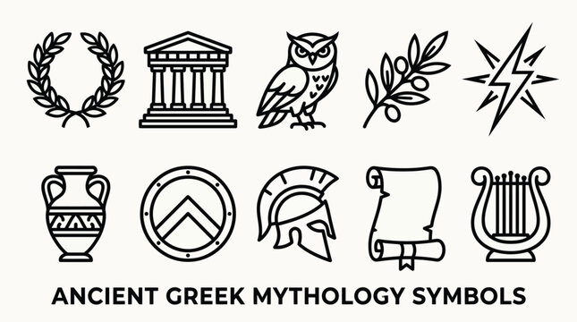 Ancient Greek Mythology Line Icons Set with Temple Owl and Helmet