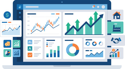 Obraz premium Business Analytics Dashboard with Financial Data Visualization, KPI Reports and Growth Charts Flat Vector Illustration