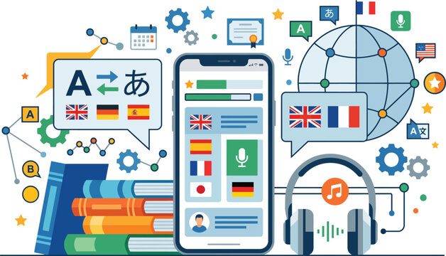 AI Language Translation Mobile App Interface with Multilingual Communication, Global Language Learning and Digital Translation Technology Flat Vector Illustration