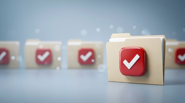 Organized Folders with Red Check Mark Icons Displaying Successful Completion or Approved Status, Concept for Data Management and Organization