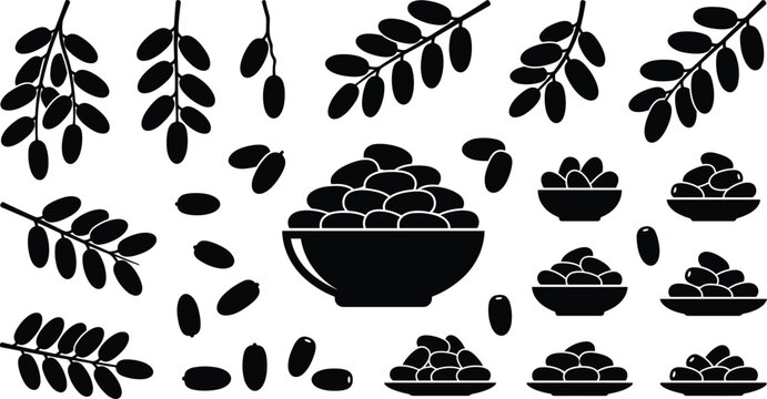 Black and white date fruit silhouette vector set with branches and bowls