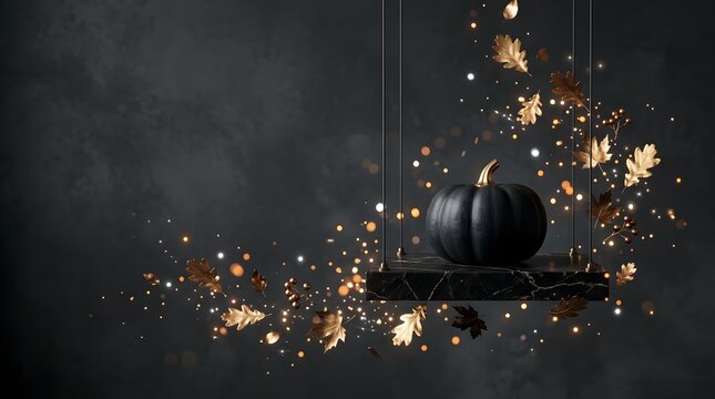 Abstract composition featuring a dark sphere floating on a swing surrounded by swirling autumn leaves and particles