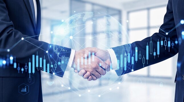 Businessmen shaking hands overlay with financial stock market graphs and global network connection concept