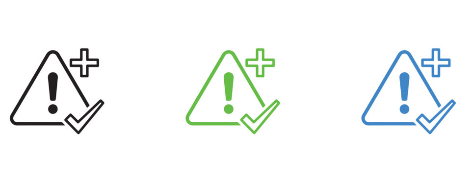 Alert warning triangle icons with plus sign and check mark symbols