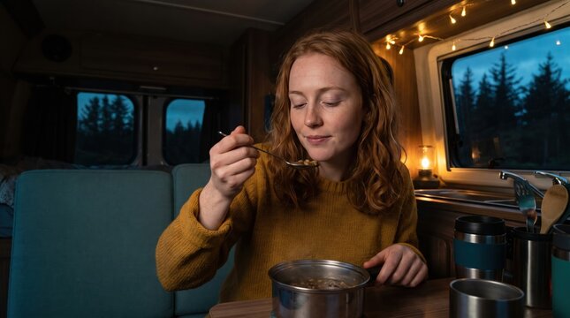 Red-haired solo traveler tastes a warming homemade soup inside her cozy campervan after sunset, surrounded by string lights, forest views, practical cookware, and an intimate road life atmosphere