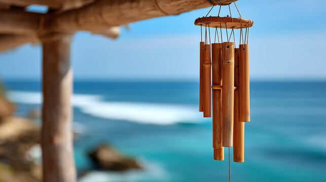 Traditional bamboo wind chime detail, ocean breeze behind, Indonesia vacation 