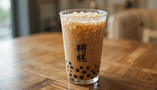 Plastic cup of milk tea with black tapioca pearls at the bottom and small white chewy balls on top placed on wooden table